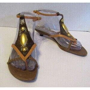 Johnny Montini Sandals Kitten Heel Brown Leather Strappy Italian Sz 36 US 6